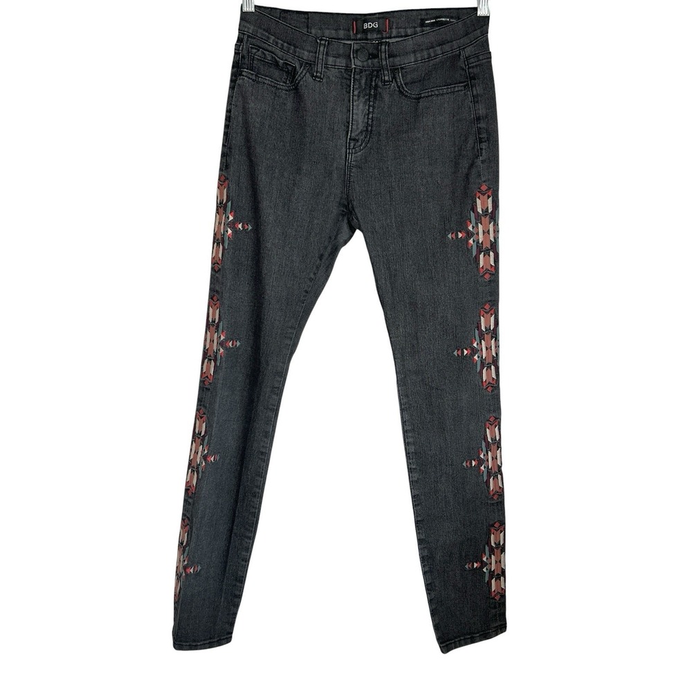 Y2k Southwestern‎ High Rise Cigarette Ankle Jeans 27X30 Aztec Embroidered Black